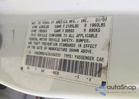 2007 Honda Accord 2.4 Vp z USA, uszkodzony, nr VIN 1HGCM56147A104222